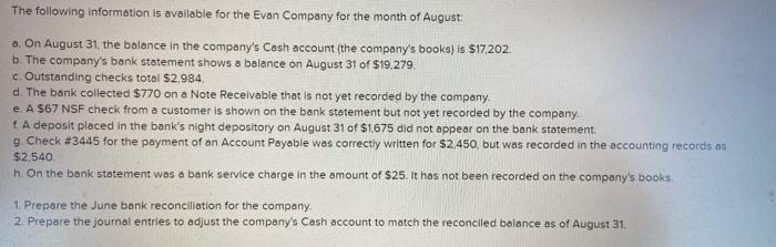 The following information is available for the Evan Company for the month of August: a. On August 31, the balance in the comp