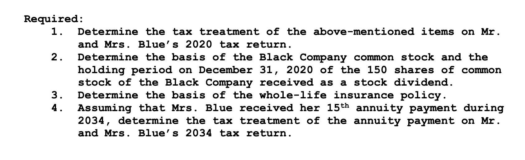 Required: 1. Determine the tax treatment of the above-mentioned items on Mr. and Mrs. Blues 2020 tax return. 2. Determine th