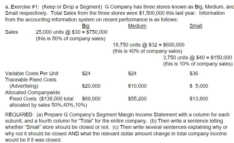 a..Exercise #1: (Keep or Drop a Segment) G Company has three stores known as Big, Medium, andSmall respectively. Total Sales