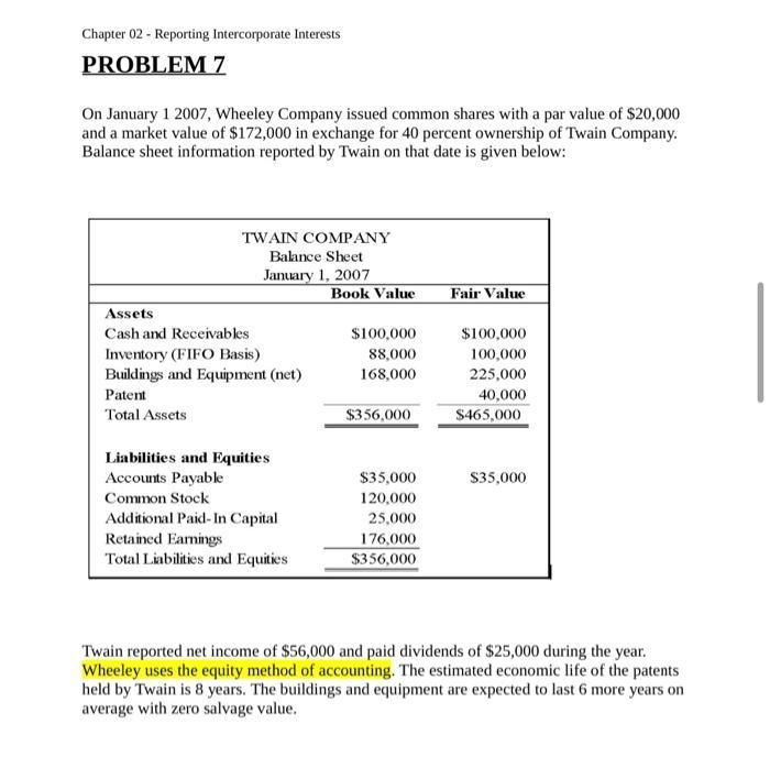 Chapter 02 - Reporting Intercorporate InterestsPROBLEM 7On January 1 2007, Wheeley Company issued common shares with a par
