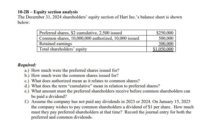 10-2B - Equity section analysisThe December 31, 2024 shareholders equity section of Hart Inc.s balance sheet is shownbelo