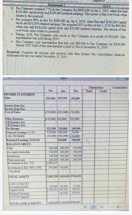 Student IDAinmentCLOZPee Company acquired 75% in See Company for $600,000 on Jan 1, 2019, when See had$500,000 capital st