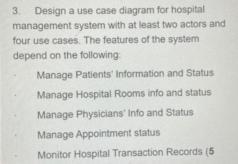 3. Design a use case diagram for hospital management system with at least two actors and four use cases. The