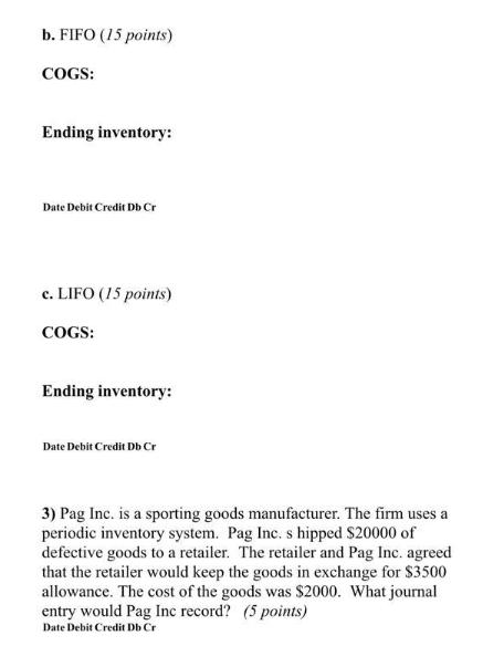 b. FIFO (15 points) COGS: Ending inventory: Date Debit Credit Db Cr c. LIFO (15 points) COGS: Ending