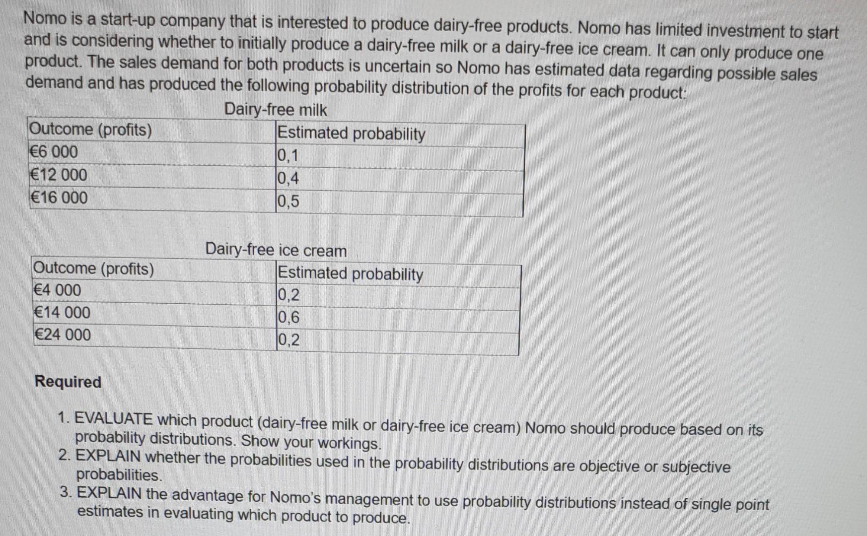 Nomo is a start-up company that is interested to produce dairy-free products. Nomo has limited investment to startand is con