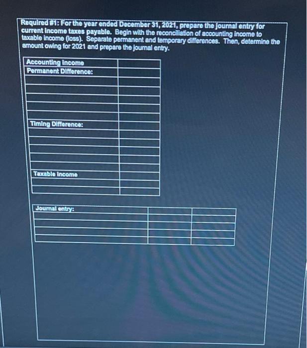Required #1: For the year ended December 31, 2021, prepare the journal entry forcurrent Income taxes payable. Begin with the