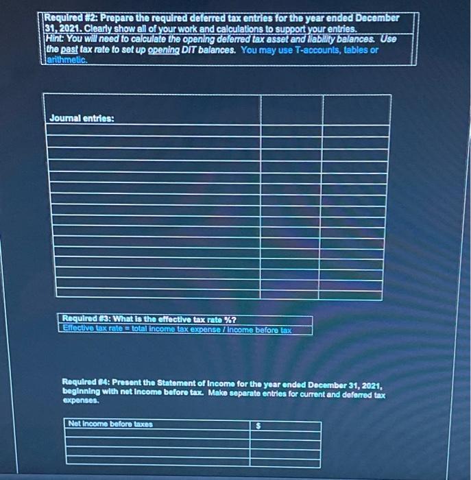 Required #2: Prepare the required deferred tax entries for the year ended December31, 2021. Clearly show all of your work an