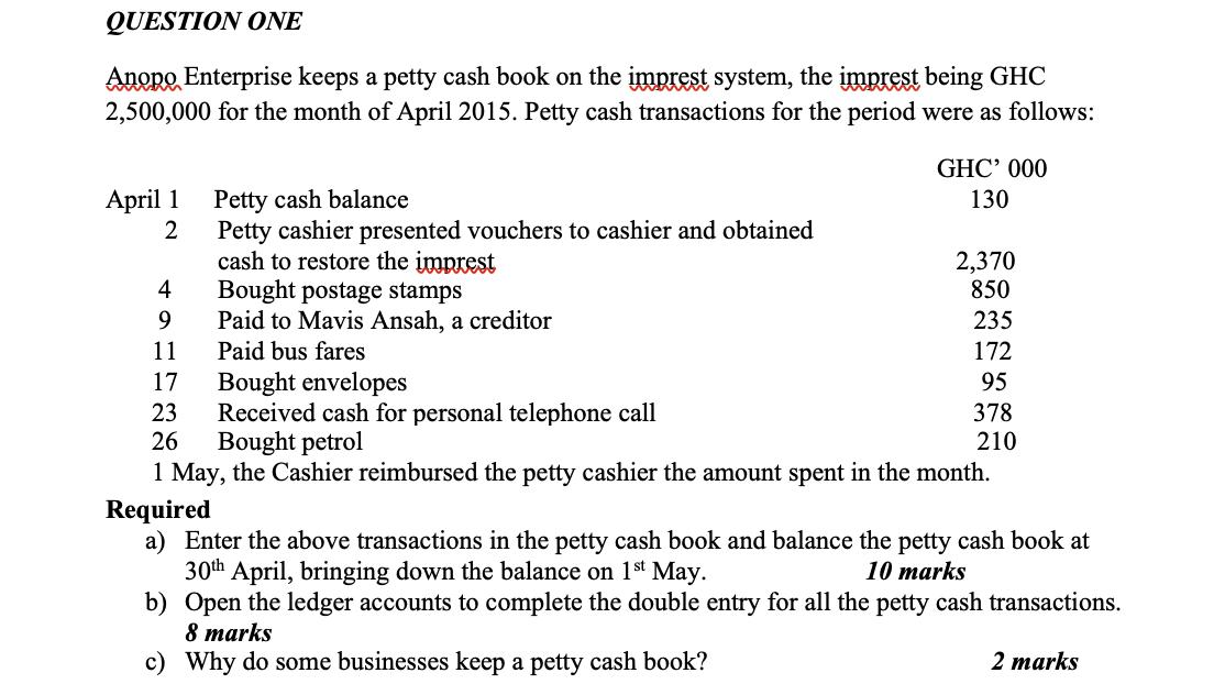 QUESTION ONEAnope Enterprise keeps a petty cash book on the imprest system, the imprest being GHC2,500,000 for the month of