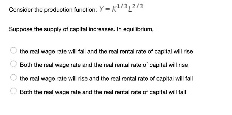 Consider the production function: Y = K1/32/3 Suppose the supply of capital