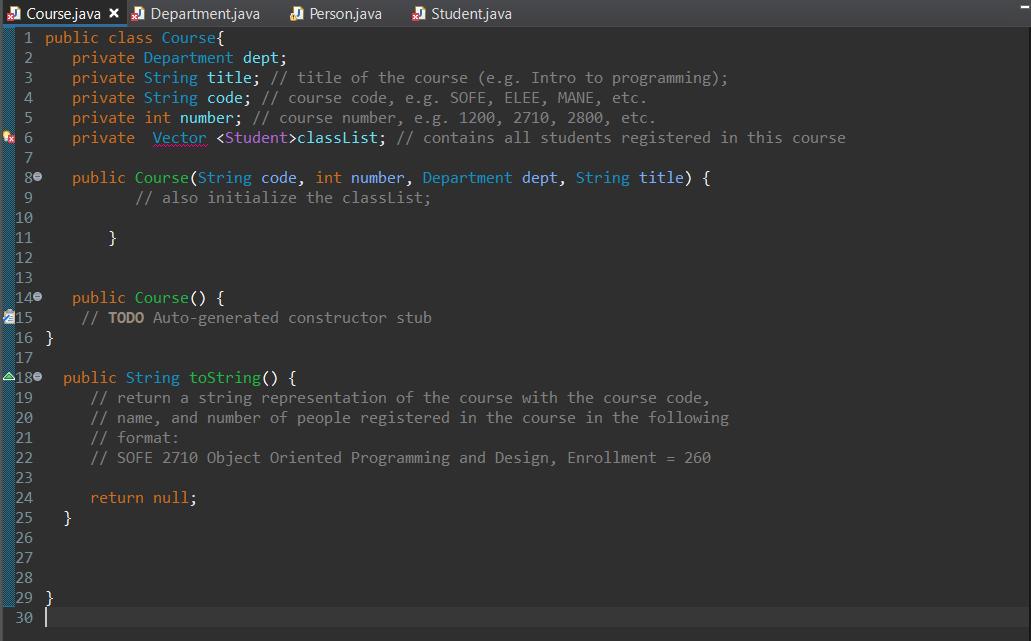 that adds the given course to the department. b) Write a method