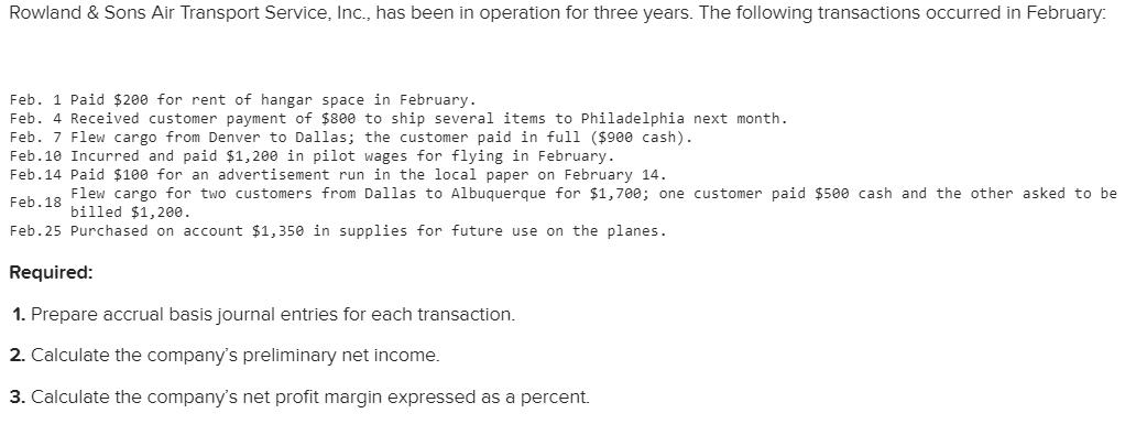 Rowland & Sons Air Transport Service, Inc., has been in operation for three years. The following transactions occurred in Feb