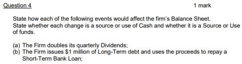Question 41 markState how each of the following events would affect the firms Balance Sheet.State whether each change is