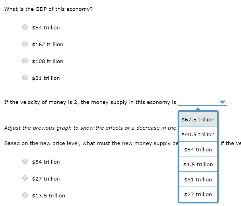 What is the GDP of this economy? $54 trillion $162 trillion O$108 trillion O$81 trillion If the velocity of money is 2, the