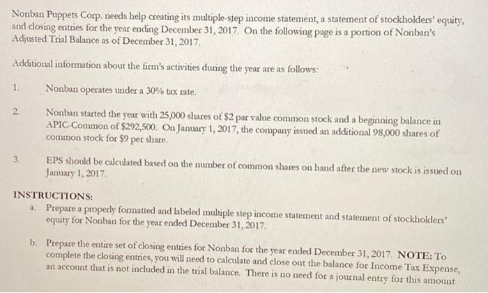 Nonban Puppets Corp. needs help creating its multiple-step income statement, a statement of stockholders equity,and closing