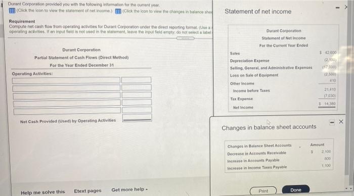 Durant Corporation provided you with the following information for the curent year Click the icon to view the statement of ne