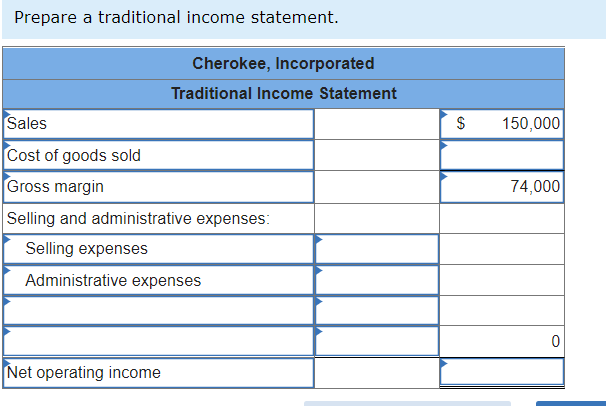 Prepare a traditional income statement.Cherokee, IncorporatedTraditional Income StatementSales$150,00074,000Cost of go