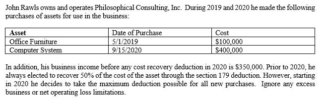 John Rawls owns and operates Philosophical Consulting, Inc. During 2019 and 2020 he made the followingpurchases of assets for use in the business:Date of PurchaseAssetOffice FurnitureComputer SystemCost5/1/20199/15/2020$100,000$400,000In addition, his business income before any cost recovery deduction in 2020 is $350,000. Prior to 2020, healways elected to recover 50% of the cost of the asset through the section 179 deduction. However, startingin 2020 he decides to take the maximum deduction possible for all new purchases. Ignore any excessbusiness or net operating loss limitations.