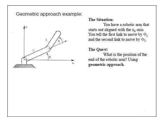 Geometric approach example:The Situation:You have a robotic arm thatstarts out aligned with the x,-axis.You tell the firs