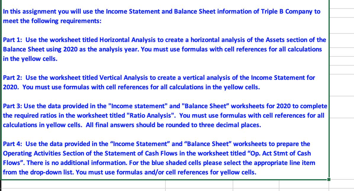 In this assignment you will use the Income Statement and Balance Sheet information of Triple B Company to meet the following