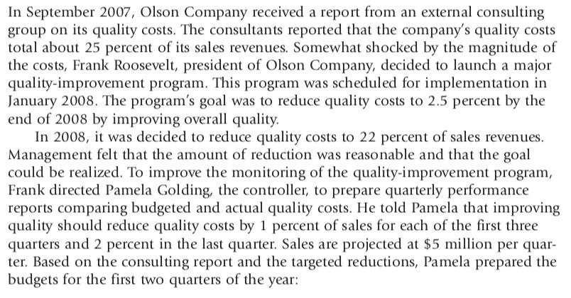 In September 2007, Olson Company received a report from an external consulting group on its quality costs. The consultants re