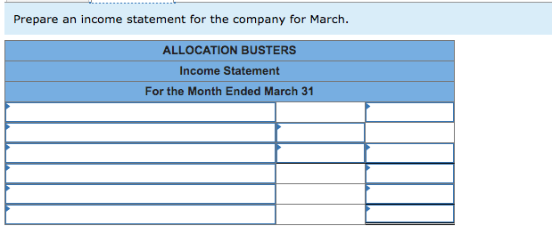 Prepare an income statement for the company for March.ALLOCATION BUSTERSIncome StatementFor the Month Ended March 31