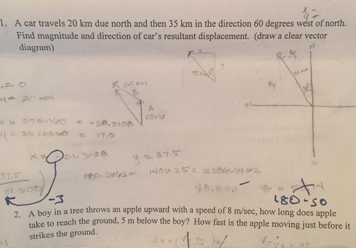 Car travels 20 km due north and then 35 km in the