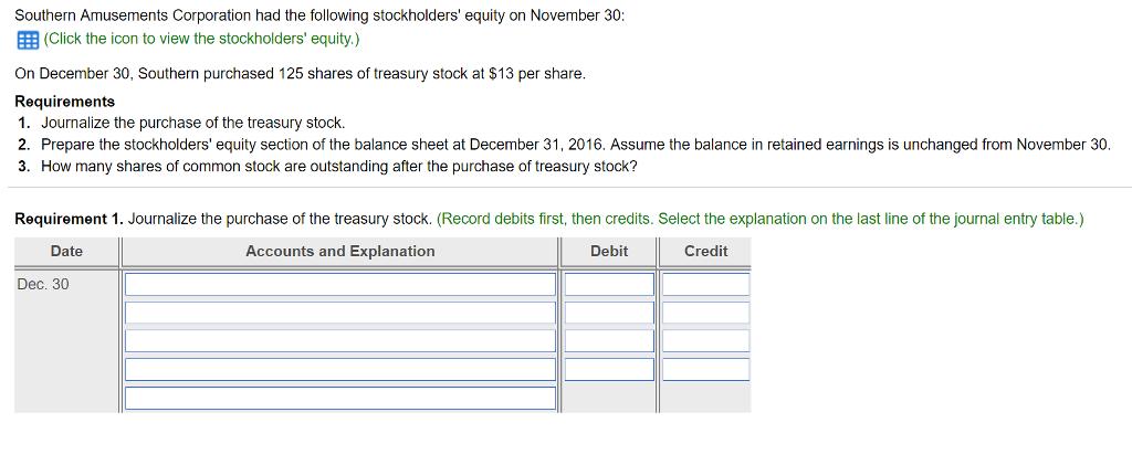 Southern Amusements Corporation had the following stockholders equity on November 30: BEE lick the icon to view the stockholders equity.) On December 30, Southern purchased 125 shares of treasury stock at $13 per share. Requirements 1. Journalize the purchase of the treasury stock. 2. Prepare the stockholders equity section of the balance sheet at December 31, 2016. Assume the balance in retained earnings is unchanged from November 30 3. How many shares of common stock are outstanding after the purchase of treasury stock? Requirement 1. Journal ze the purchase of the treasury stock Record debits first, then credits. Select the explanation on the last line of the journal entry table.) Date Accounts and Explanation Debit Credit Dec. 30