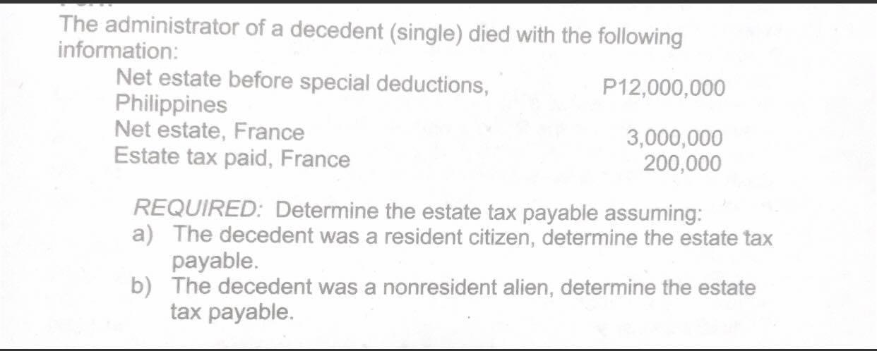 The administrator of a decedent (single) died with the followinginformation:Net estate before special deductions,P12,000,0