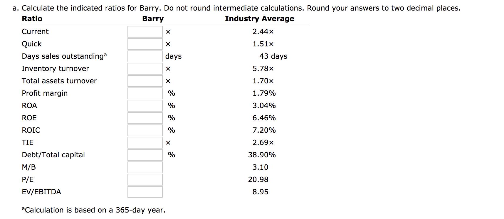 a. Calculate the indicated ratios for Barry. Do not round intermediate calculations. Round your answers to two decimal places