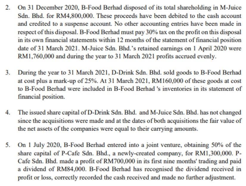 2.On 31 December 2020, B-Food Berhad disposed of its total shareholding in M-JuiceSdn. Bhd. for RM4,800,000. These proceeds