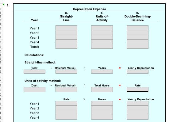 1. 12 3Depreciation Expense a. b. Straight- Units-of- Line Activity c. Double-Declining- Balance Year 53 73 Year 1 Year 2