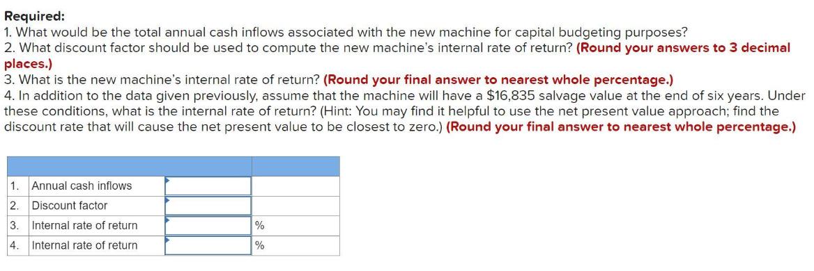 Required: 1. What would be the total annual cash inflows associated with the new machine for capital