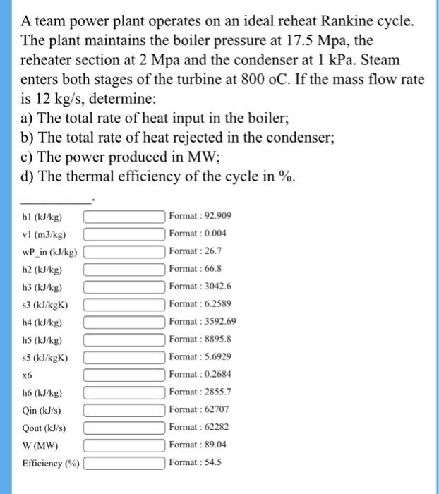 A team power plant operates on an ideal reheat Rankine cycle. The plant maintains the boiler pressure at 17.5 Mpa, the reheater section at 2 Mpa and the condenser at 1 kPa. Steam enters both stages of the turbine at 800 oC. If the mass flow rate is 12 kg/s, determine: a) The total rate of heat input in the boiler; b) The total rate of heat rejected in the condenser; c) The power produced in MW; d) The thermal efficiency of the cycle in % hl (kJ/kg) v1 (m3/kg) wP in (kJ/kg) h2 (kJ/kg) h3 (kJ/kg) s3 (kJ/kgK) h4 (kJ/kg) h5 (kJ/kg) s5 (kJ/kgK) Format: 92.909 Format: 0.004 Format: 26.7 Format: 66.8 Format: 3042.6 Format: 6.2589 Format: 3592.69 Format: 8895.8 Format 5.6929 Format:0.2684 Format: 2855.7 Format: 62707 Format: 62282 Format: 89.04 Format: 54.5 h6 (kJ/kg) Qin (kJ/s) Qout (kJ/s) W (MW) Efficiency (%)