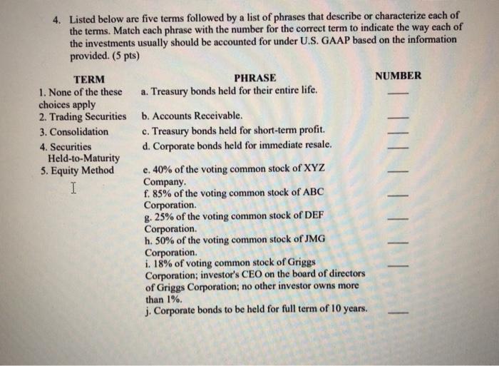 4. Listed below are five terms followed by a list of phrases that describe or characterize each ofthe terms. Match each phra