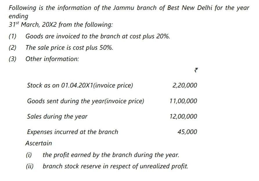 Following is the information of the Jammu branch of Best New Delhi for the year ending 31st March, 20x2 from the following: (
