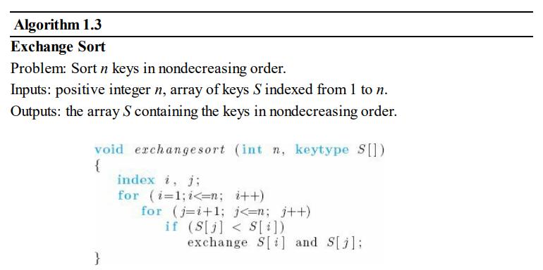 Algorithm 1.3 Exchange Sort Problem: Sort n keys in nondecreasing order. Inputs: positive integer n, array of keys S indexed