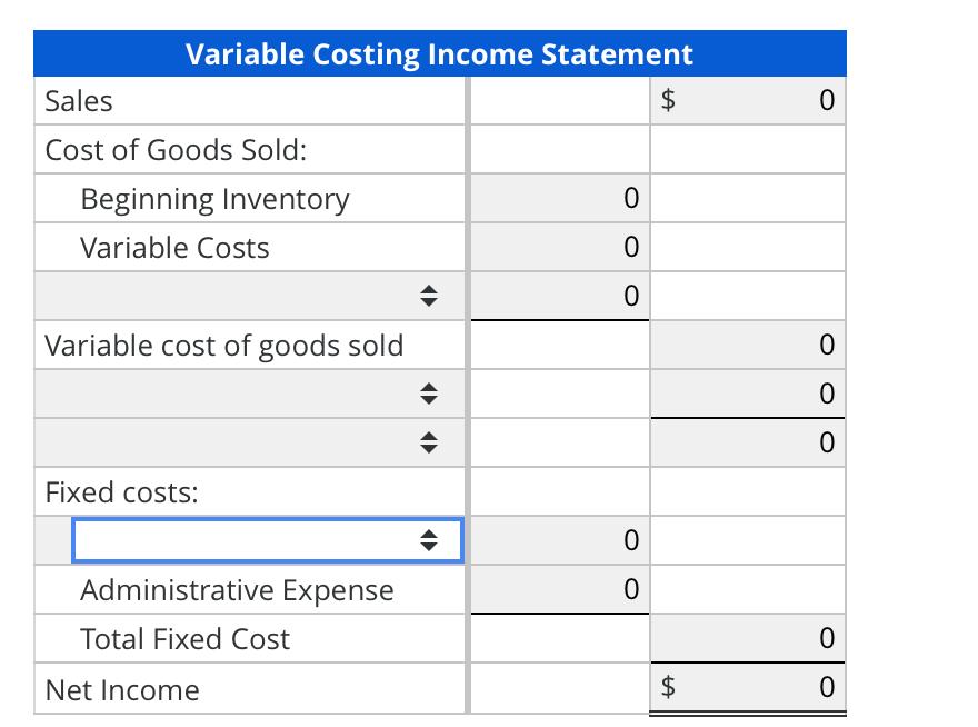 Variable Costing Income StatementSalesCost of Goods Sold:Beginning InventoryVariable CostsVariable cost of goods soldFi