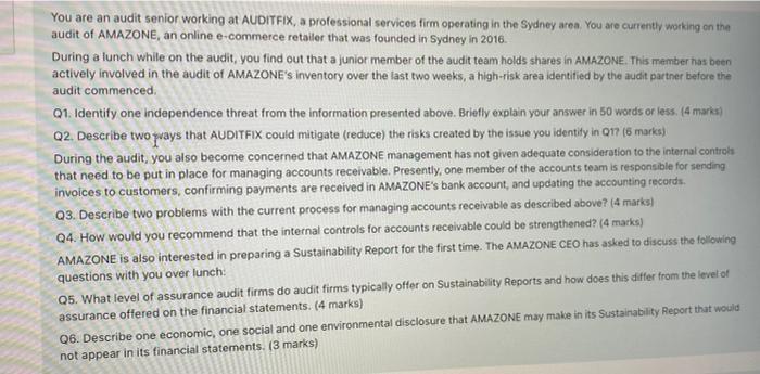 You are an audit senior working at AUDITFIX, a professional services firm operating in the Sydney area. You are currently wor