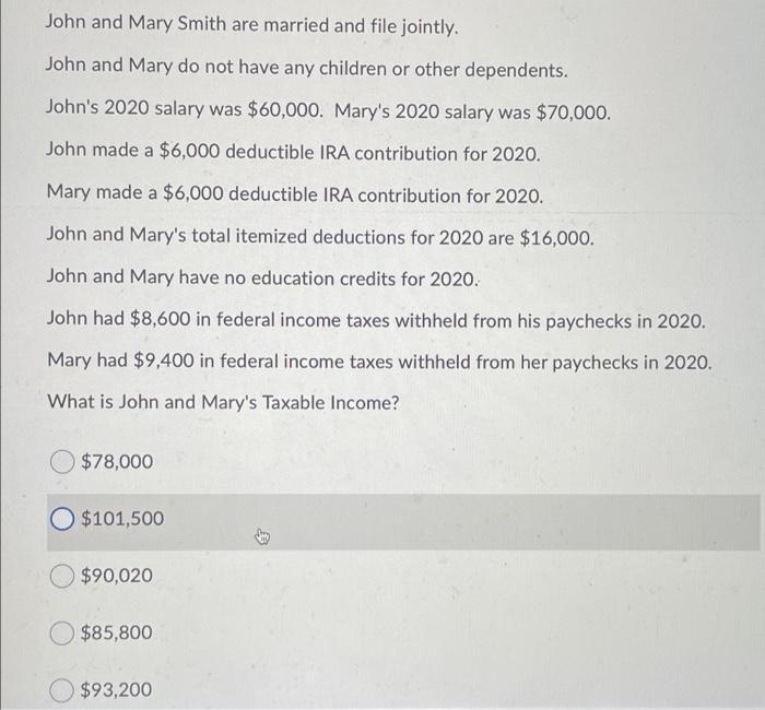 John and Mary Smith are married and file jointly.John and Mary do not have any children or other dependents.Johns 2020 sal