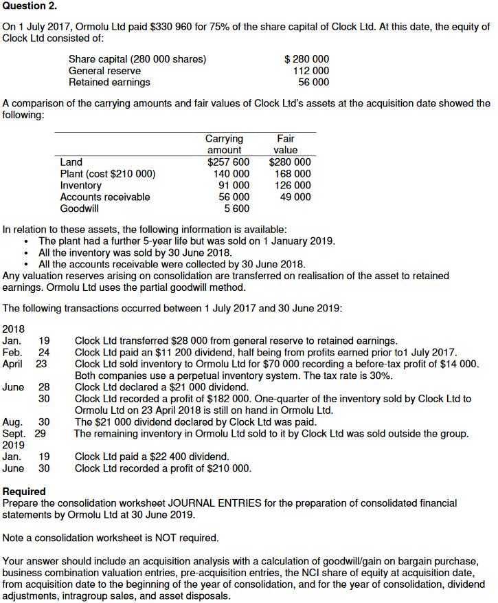 Question 2. On 1 July 2017, Ormolu Ltd paid $330 960 for 75% of the share capital of Clock Ltd. At this date, the equity of C