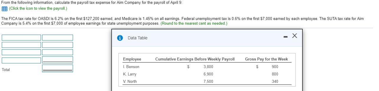 From the following information, calculate the payroll tax expense for Aim Company for the payroll of April 9:(Click the icon