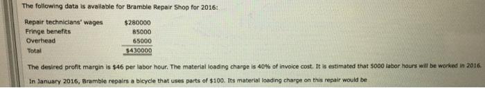 The following data is available for Bramble Repair Shop for 2016: Repair technicians wages Fringe benefits Overhead Total $280000 85000 65000 $430000 The desired profit margin is $46 per labor hour. The material loading charge is 40% of invoice cost. It is estimated that SOOOlabor hours will be worked 1, 2016 in January 2016, Bramble repairs a bicycle that uses parts of $100. Its material loading charge on this repair would be