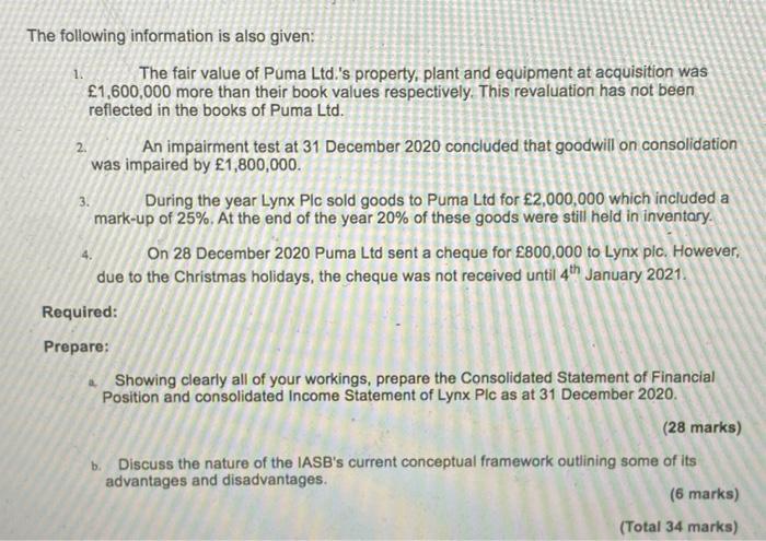 The following information is also given:1. The fair value of Puma Ltd.s property, plant and equipment at acquisition was£1