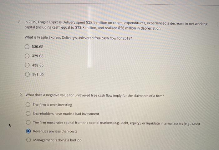 8. In 2019, Fragile Express Delivery spent $28.9 million on capital expenditures, experienced a decrease in net workingcapit