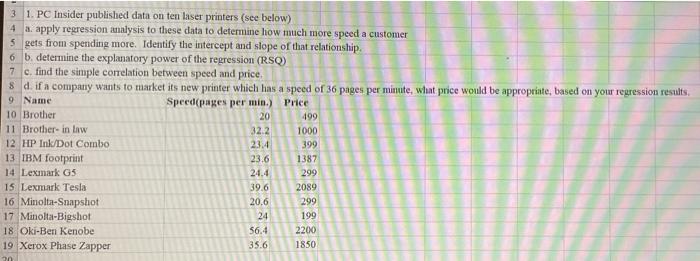 3 1. PC Insider published data on ten laser printers (see below) 4 a. apply regression analysis to these data to determine ho