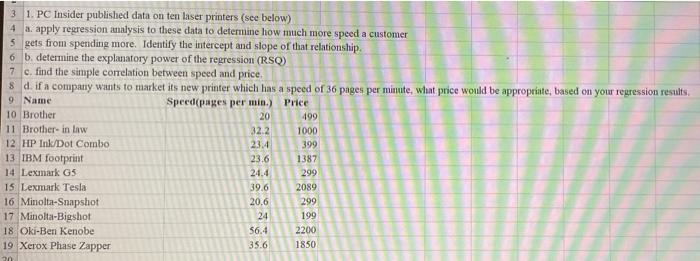 3 1. PC Insider published data on ten laser printers (see below) 4 a. apply regression analysis to these data to determine ho