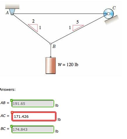 2 w= 120 lb Answers: AB = 191.65 lb AC = 171.426 lb BC =1174.843 lb