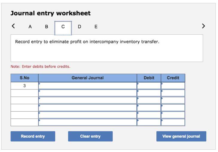 Journal entry worksheet< А в сD EE Record entry to eliminate profit on intercompany inventory transfer. Note: Enter debits