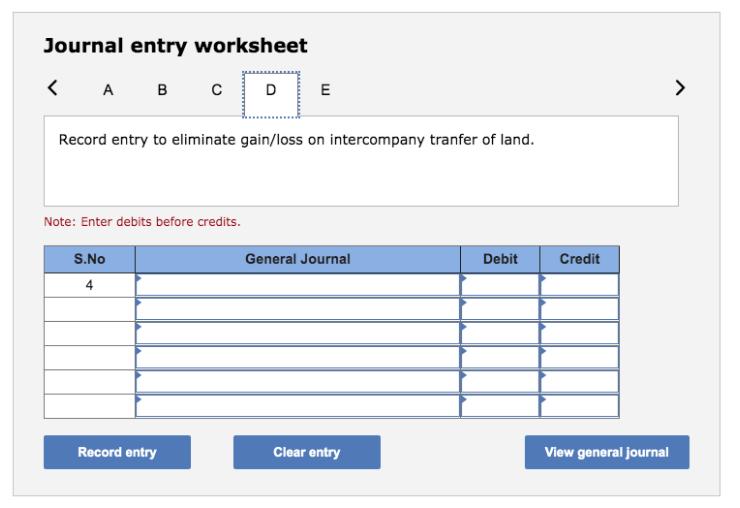 Journal entry worksheet< А в с Dm E>Record entry to eliminate gain/loss on intercompany tranfer of land. Note: Enter debi