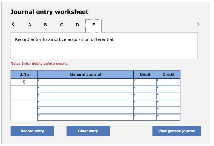 Journal entry worksheet< « А в со C D ERecord entry to amortize acquisition differential. Note: Enter debits before credits